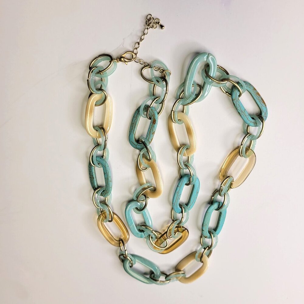 Two Tone Link Chain Necklace Blue and Beige Gold Chain Necklace